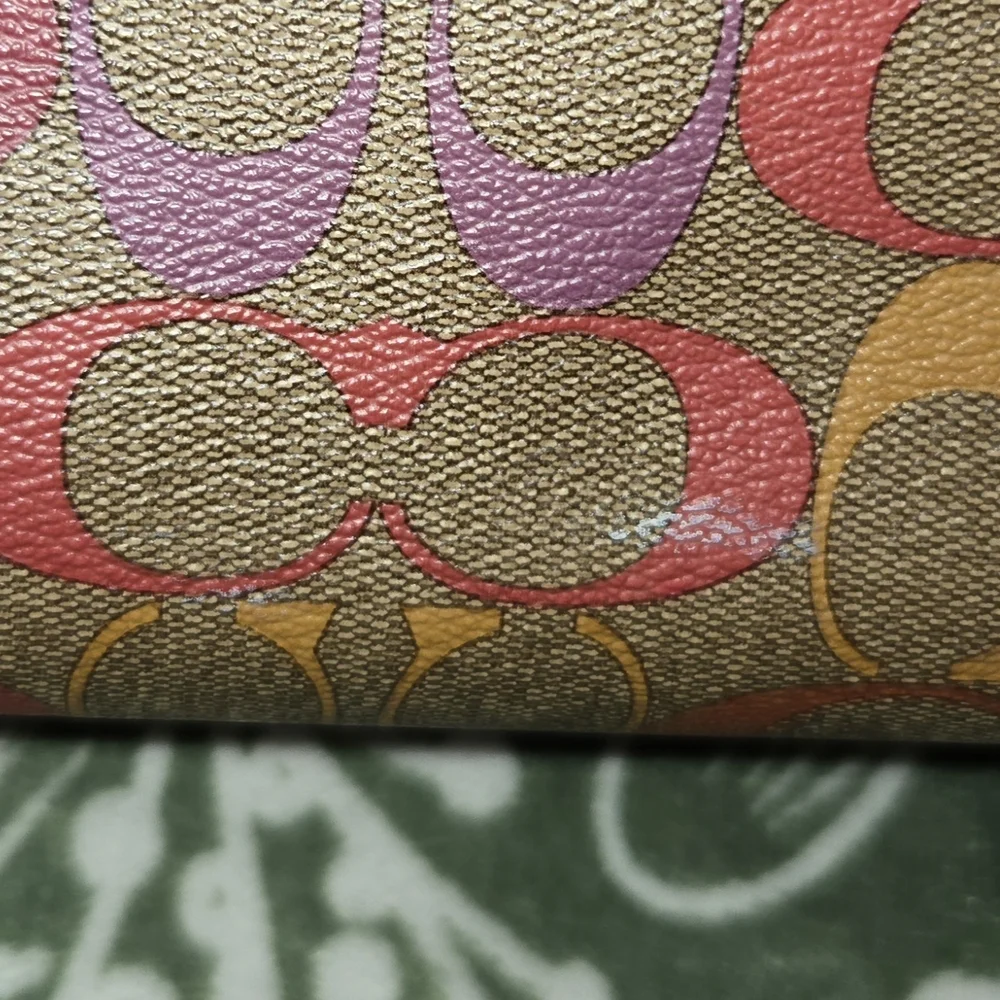 COACH SIGNATURE C CITY TOTE IN PINK, ORANGE, AND PURPLE WITH BROWN BACKGROUND - Picture 6 of 7